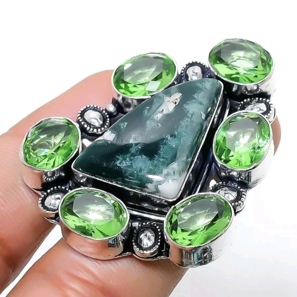 New Oversized Indian Moss Agate & Tsavorite 925 Silver Statement Ring. - Picture 16 of 16